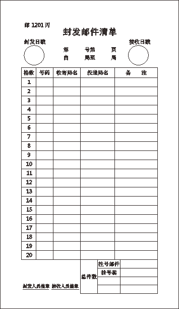 邮1201丙/封发邮件清单/20格