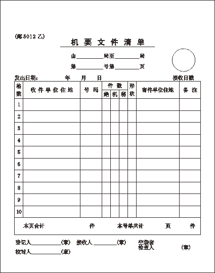 邮5012乙 机要文件清单