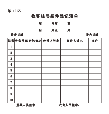 邮1121乙 /收寄挂号函件登记清单/10格  