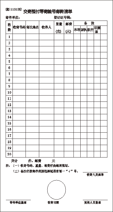 邮1131丙/交寄整付零寄挂号邮件清单（20格））