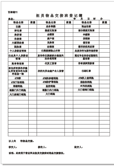 百邮处11/柜员物品交接班登记簿