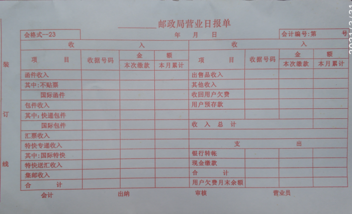 邮政局营业日报单