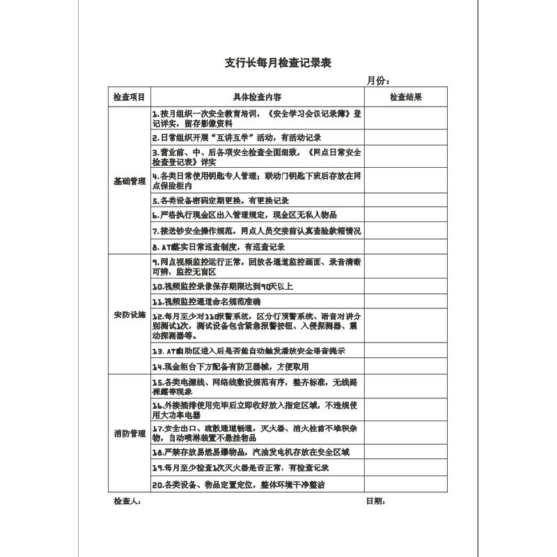 支行长每月检查记录表