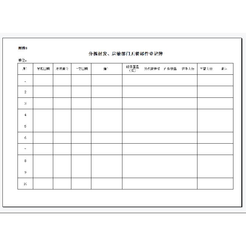 分拣封发、运输部门无着邮件登记簿